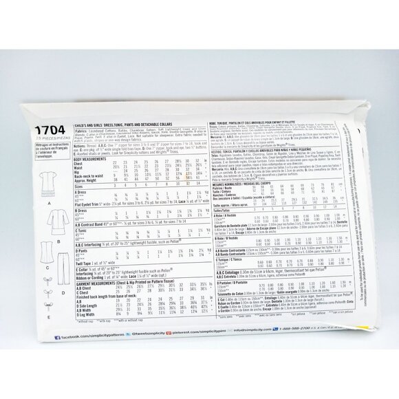 Simplicity Suede Says Pattern 1704 Girl Dress Tunic Pants Collar Size 7-14 Uncut - Picture 2 of 2